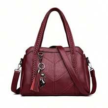 1 pezzo Borsa a tracolla di lusso da donna con cuciture, borsa a mano in pelle PU alla moda, borsa a tracolla con grande capacità e pendente a nappina, borsa a tracolla monocromatica, borsa perfetta per l'uso quotidiano - Bordò - Visualizzare 9