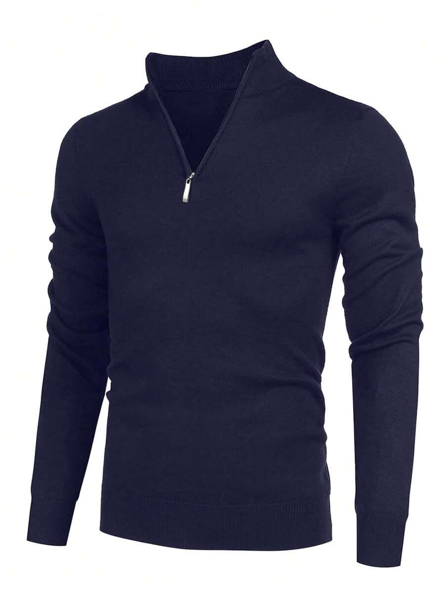 Men's Casual Solid Color Zipper Mock Neck Sweater, Spring/Autumn - Navy Blue - View 1