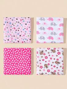 4 Pieces Of Baby Swaddle Blanket Printed With Elephant And Monkey Pattern, Made Of Flannel For Extra Softness - Pink - View 2