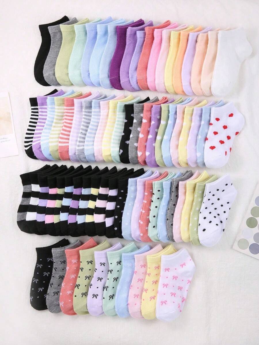 20 Pairs Kids Short Socks: Candy Colors, Lace Bow, Heart Pattern, Stripes, Soft & Comfortable, Casual & Versatile, Student Socks - Suitable For Daily Wear, Random Mixed Colors - Multicolor - View 1