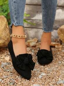 Women's Sweet Bow Pointed Toe Flat Shoes, Black Color Spring Fall Casual Outdoor Driving Work Flats New Design - Black - View 5