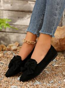 Women's Sweet Bow Pointed Toe Flat Shoes, Black Color Spring Fall Casual Outdoor Driving Work Flats New Design - Black - View 3
