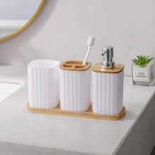 4Pcs Bathroom Set Soap Dispenser Toothbrush Cup And Bamboo Tray Set Countertop Toiletries Storage Set For Farmhouse Bathroom Decor Fall Decor Back To School