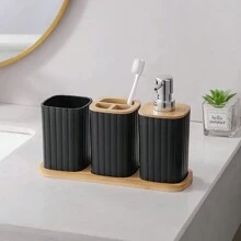 4Pcs Bathroom Set Soap Dispenser Toothbrush Cup And Bamboo Tray Set Countertop Toiletries Storage Set For Farmhouse Bathroom Decor Fall Decor Back To School