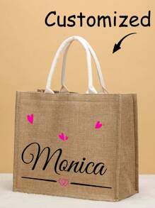 1pc Gepersonaliseerde linnen tas Uw eigen ontwerp Vrouwen Aangepaste Tote Bag Voor Winkelen Linnen Tassen, Uniek Ontwerp (Foto, Landschap, Illustratie), Opvouwbaar, Grote Capaciteit, Lichtgewicht, Stijlvol, Gepersonaliseerde Tote Bag, Schoudertas, Casual Boodschappentas, Tote Bags Initial Classic Cadeau Tas Gepersonaliseerd Voor Bruiloft, Verjaardag, Strand, Vakantie - Kaki - Bekijken 4