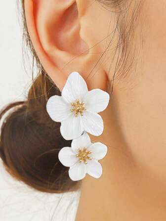 1pair Fresh Five-Petal Flower Double-Layered Earrings Suitable For Women's Daily Wear