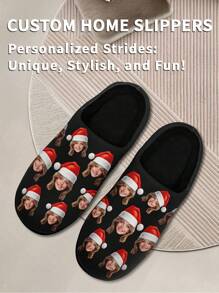Customized Women's Christmas Slippers, 3D Printed Photo, Plush Christmas Gift, Warm And Cozy Indoor Slippers. Suitable As Christmas Gifts For Mother, Father, Fiancee, Family, Children, Friends, Brothers And Sisters - Black - View 2