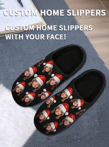Customized Women's Christmas Slippers, 3D Printed Photo, Plush Christmas Gift, Warm And Cozy Indoor Slippers. Suitable As Christmas Gifts For Mother, Father, Fiancee, Family, Children, Friends, Brothers And Sisters - Black - View 5
