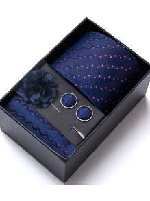 AlanKing 1 set de corbata, pañuelo de bolsillo, gemelos y broche con diseño de flor dorado para hombre, para fiestas/festivales