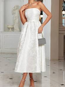 露肩露背绷带长款派对礼服白色优雅舞会半正式婚礼宾客礼服，适合生日、毕业典礼、返校节