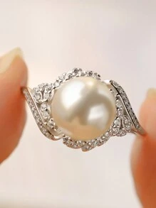 奢华 S925 纯银微镶方晶锆石和珍珠女士时尚订婚戒指 - 白色 - 查看 1
