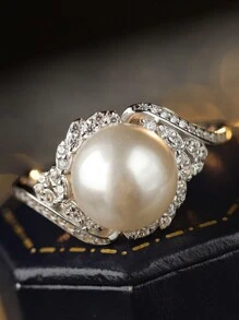 奢华 S925 纯银微镶方晶锆石和珍珠女士时尚订婚戒指 - 白色 - 查看 3