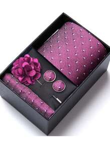 AlanKing 1 set de corbata, pañuelo de bolsillo, gemelos y broche con diseño de flor dorado para hombre, para fiestas/festivales
