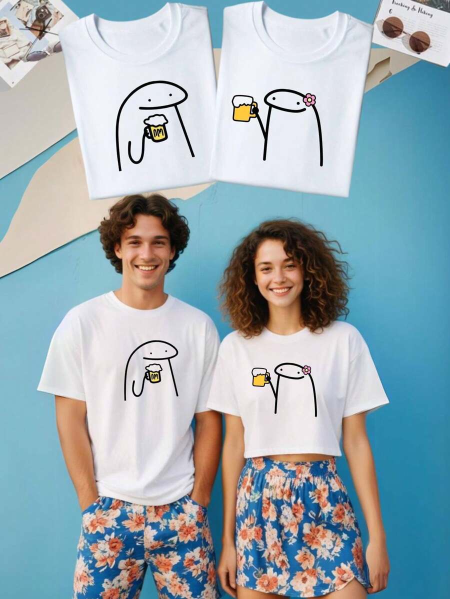 Playeras para parejas. Playeras couple outfit, DOS piezas, Duo, twins Beer flor dibujo bebida , playa, partu, casual,novios, hermanos - Blanco - Ver 1