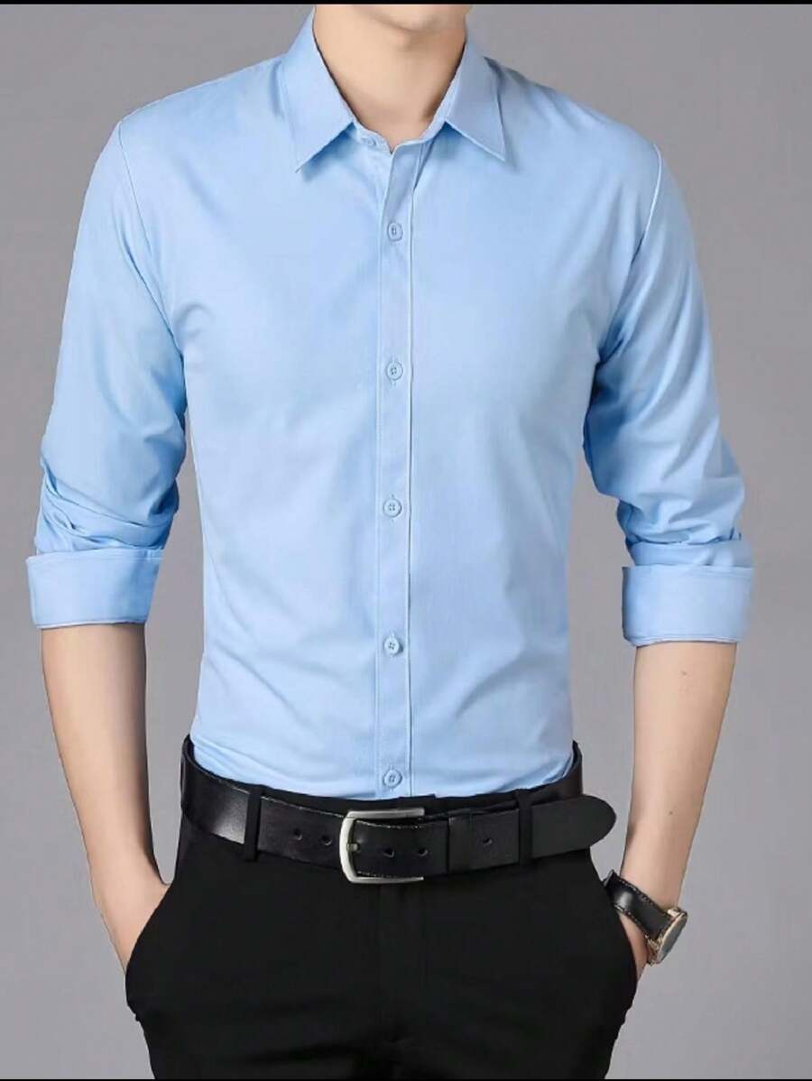 Men's Long Sleeve Slim Fit Dress Shirt - 淺藍色 - 查看 1