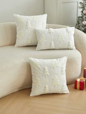 1pc Christmas Velvet Embroidered Pine Tree Throw Pillow Cover, Home Decor For Living Room, Bedroom, Party