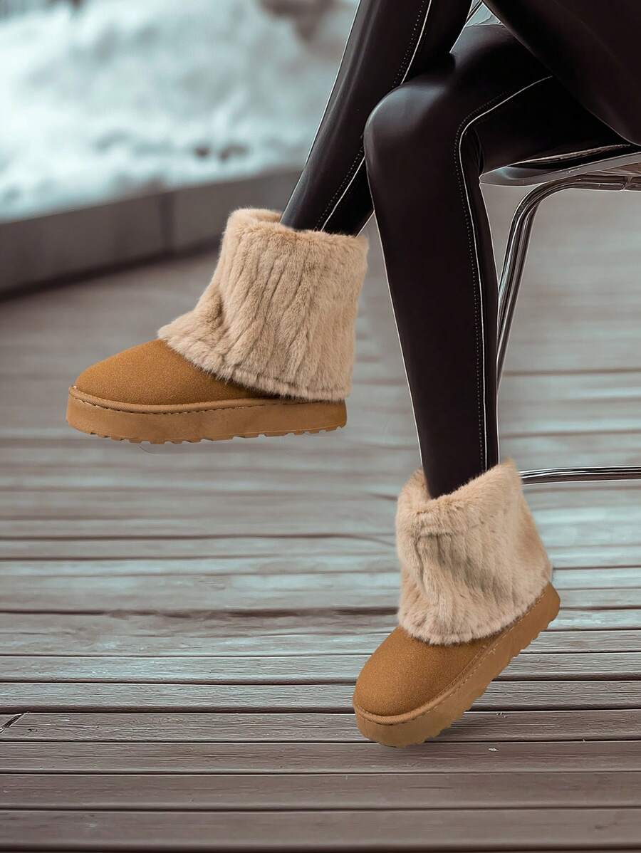 Women's Thick Fleece Lined Warm Round Toe Mid-Calf Thick Sole Snow Boots, Plus Size, Autumn/Winter, Camel Color, Suede Upper, Fur Trim, Loose Fit