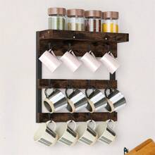 UNHO Industrial Coffee Mug Holder Kitchen Storage Shelf Wall Mounted Cup Tree Rack Wood Mug Storage Organiser With 12 Hooks - Brown - View 2