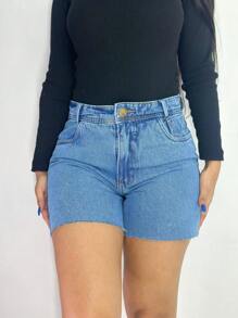 Short Mom Jeans, Plain And With Details - 水瓶藍 - 查看 1