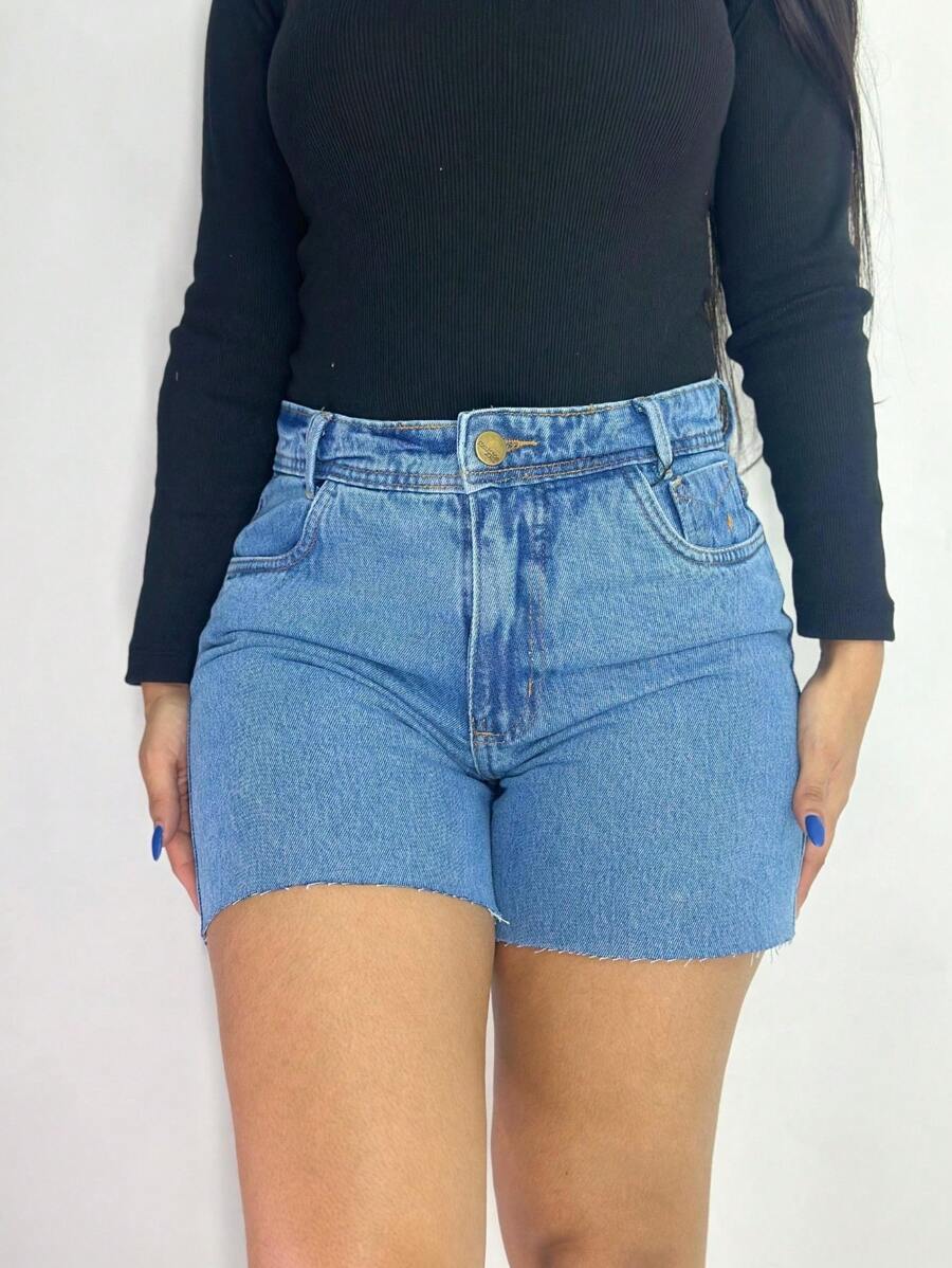 Short Mom Jeans, Plain And With Details - 水瓶藍 - 查看 1