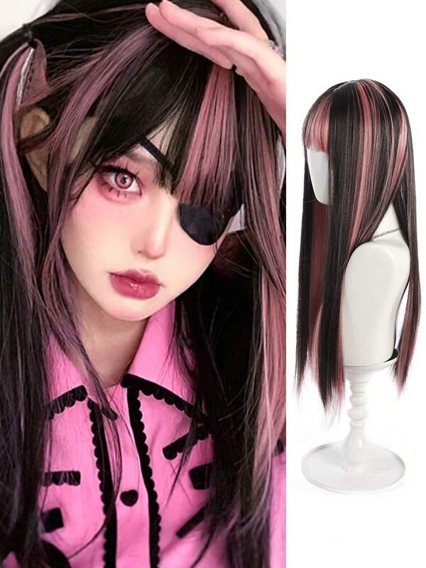 DIY Stylish Black Wig With Pink Highlights, Loiita Black Powder Picks For Women Long Straight Hair, Heat Resistant Synthetic Hair For Cosplay, Halloween And Christmas Parties!