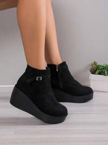 Ve con el vestido blanco, botas de tobillo con suela gruesa, invierno 2024 nuevo, tacón de cuña para mujer - Negro - Ver 2