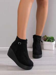 Ve con el vestido blanco, botas de tobillo con suela gruesa, invierno 2024 nuevo, tacón de cuña para mujer - Negro - Ver 3