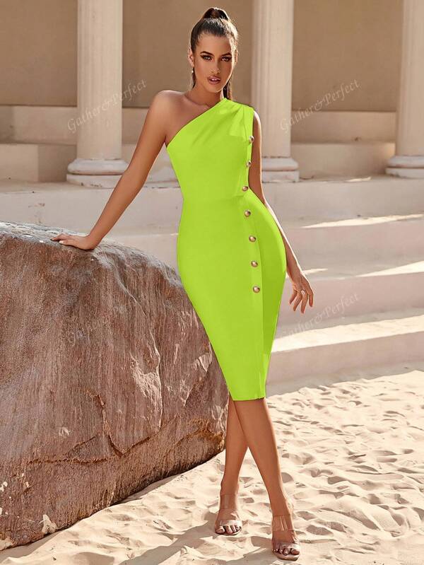 Vestido Midi de Bandagem com Cintura Alta, Fenda Alta, Revestimento e Ombro Único para Mulheres, Vestido de Festa e Coquetel, Vestido de Casamento e Evento, Vestido Semiformal Elegante, Para Aniversário, Convidado de Casamento, Formatura, Jantar, Homecoming