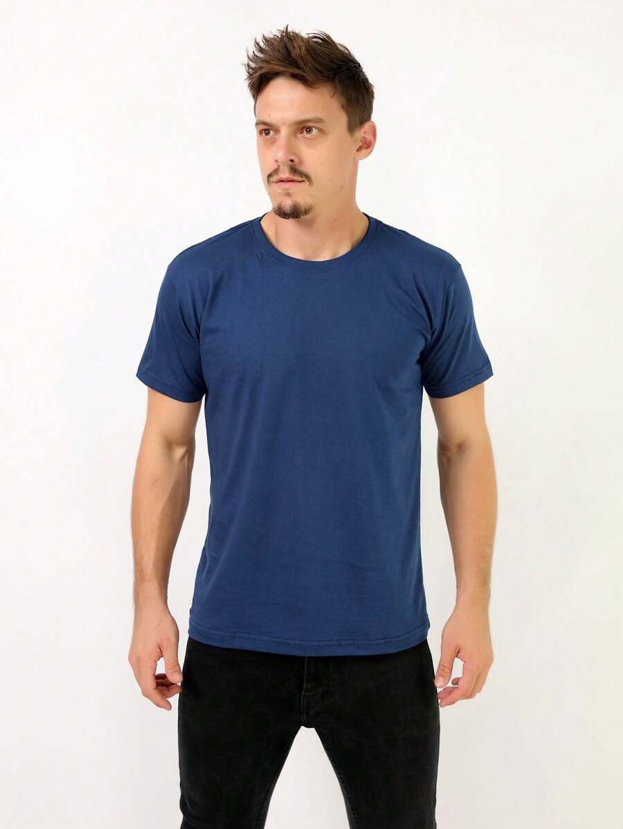 Men's 100% Cotton Basic Short Sleeve Summer T-Shirt - Navy Blue - View 1