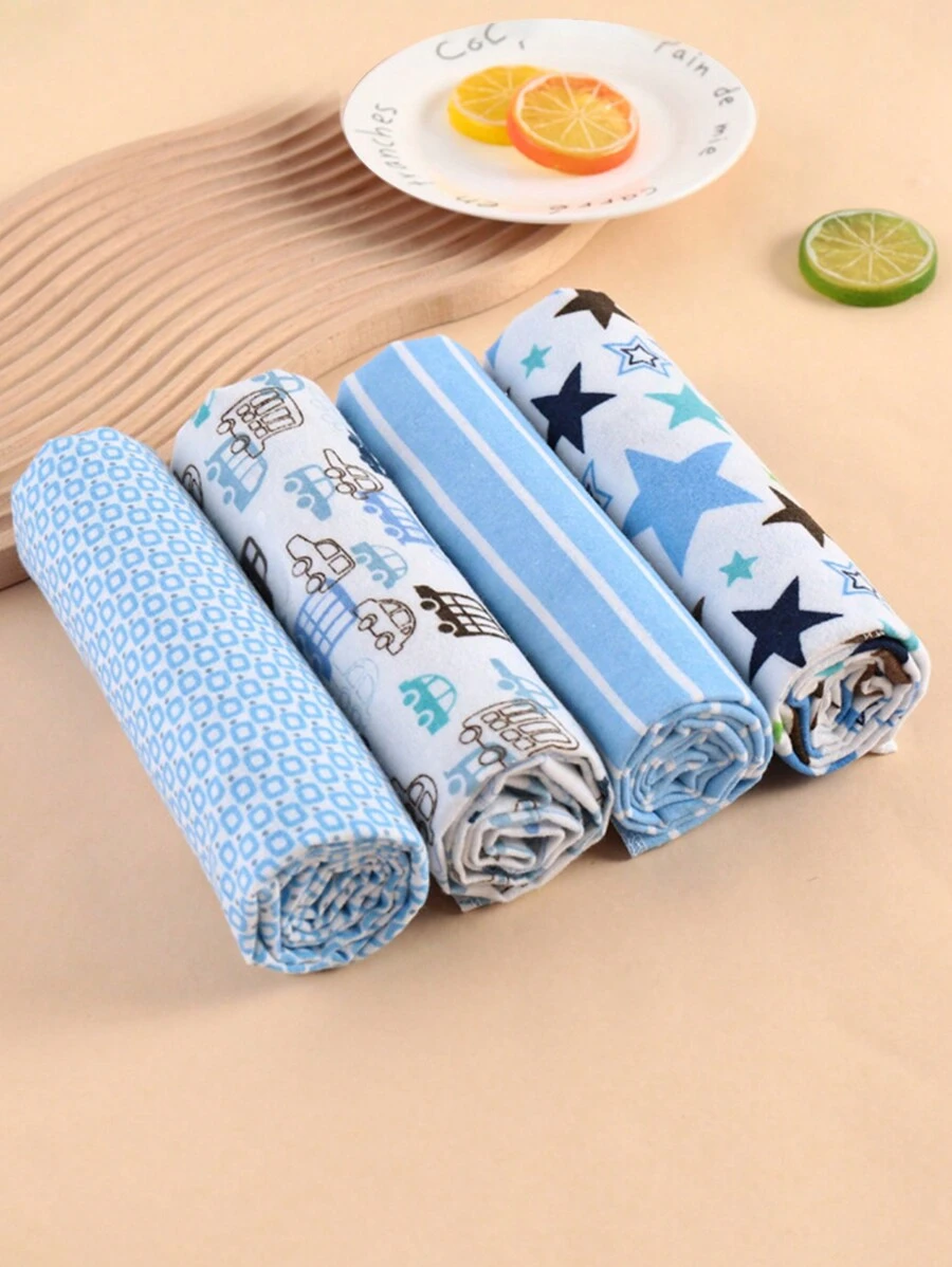 4 Pieces Of Baby Swaddle Blanket Printed With Elephant And Monkey Pattern, Made Of Flannel For Extra Softness - Blue - View 1