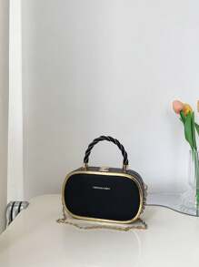 Túi xách mini bằng da PU in chữ thời trang màu khối kim loại tối giản kiểu hộp cho nữ - màu đen - Xem 5