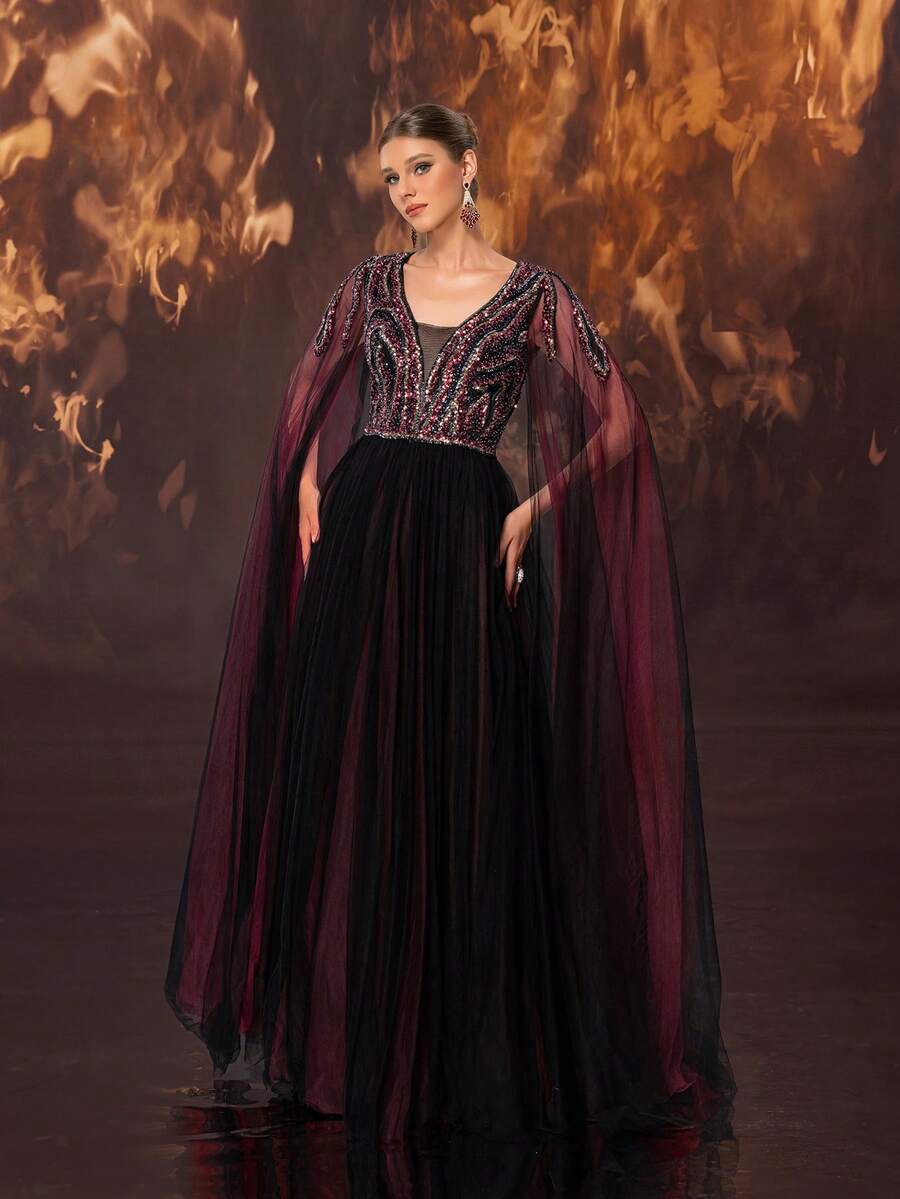 Giffniseti ExtraLong Cloak Sleeve Sequins Detail Mesh Formal Dress