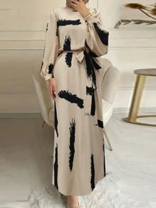 Robe midi à manches ballons avec ceinture et imprimé pour grande taille, vêtements pour femmes - Nude - Voir 1