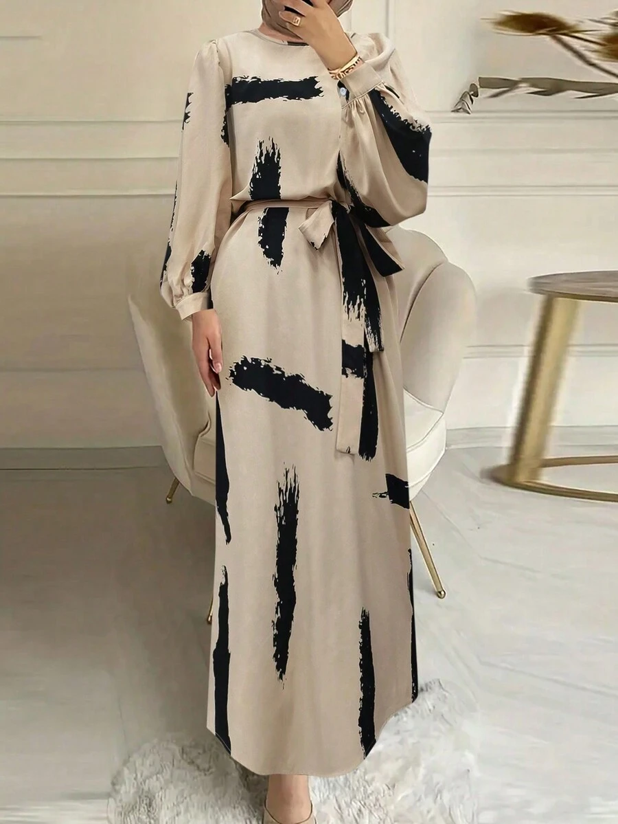 Robe midi à manches ballons avec ceinture et imprimé pour grande taille, vêtements pour femmes - Nude - Voir 1