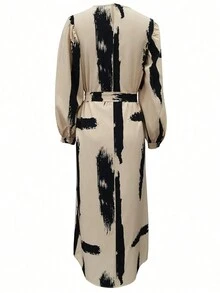 Robe midi à manches ballons avec ceinture et imprimé pour grande taille, vêtements pour femmes - Nude - Voir 2