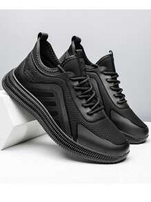 Hombres Zapatos de atletismo transpirable con estampado de letra con cordón delantero deportivo exterior de tela,Zapatos Deportivos Impermeables Antideslizantes Para Hombre, Ropa Informal De Otoño/invierno, Zapatos Para Correr, Negro, Cuatro Estaciones - Negro - Ver 9