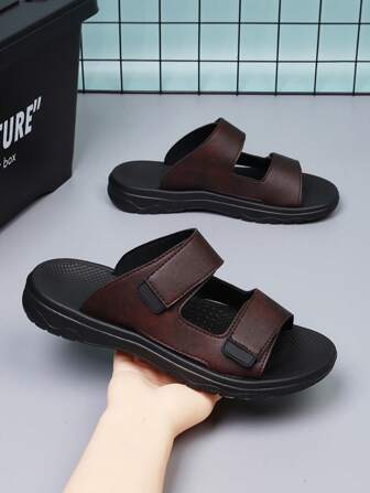 Men's Casual Versatile Brown Leather Slippers