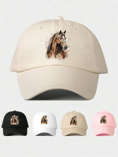 1pc Women's Printed Horse Adjustable Baseball Cap, Unisex Outdoor Sun Hat For Spring Autumn Travel Beach Vacation, Y2K Style Youth Cap Halloween