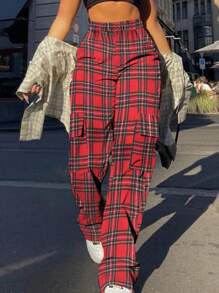 Women's Regular Waist Elastic Waist Side Pockets Red Plaid Straight Leg Casual Pants, Suitable For Outdoor Sports And Casual Daily Wear - Multicolor - View 2
