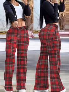 Women's Regular Waist Elastic Waist Side Pockets Red Plaid Straight Leg Casual Pants, Suitable For Outdoor Sports And Casual Daily Wear - Multicolor - View 1