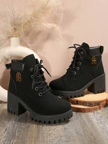 Women's Fashionable Mid-Heel Anti-Slip Korean Style Waterproof Boots, Light Weight, Warm Lining, Autumn/Winter 2024 - Black - View 8