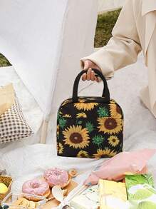 向日葵印花保温午餐袋手提铝箔午餐盒袋，适合户外野餐、工作、学校女士女士学校用品配件 - 黑色 - 查看 3