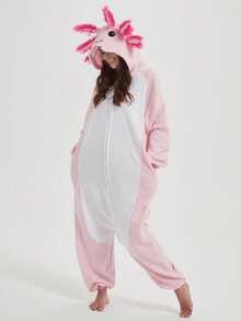 Salamander 中性卡通成人连体睡衣，粉色连体万圣节动物服装角色扮演角色连体睡衣加羊毛，极致舒适