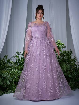 Plus Size Floral Embroidered Lace Puff Sleeve Open Shoulder High-Low Formal Dress, Elegant Long Sleeve Bridesmaid Dress