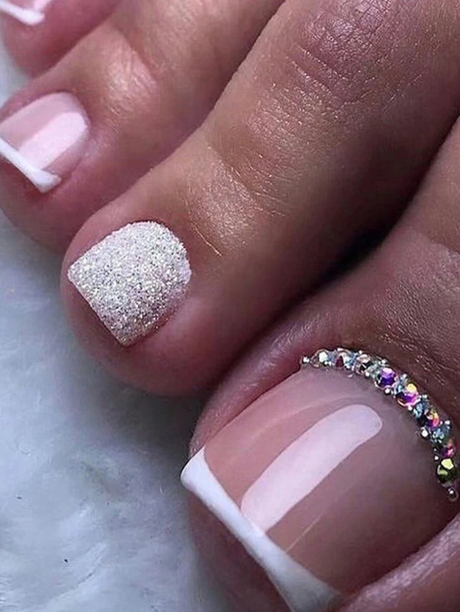 Instantly Upgrade Your Look With 24Pcs Short Square Toenails Press On Nails Set Simple Elegant White French Style 3D Rhinestone Decor Design Pink Fake Nails Fashion Silver Glitter Fake Nails Full Coverage Fake Nail Tips For Women And Girls Includes 1 Sheet Adhesive Tabs & 1 Pc Mini File Jelly Gel Random Shipment Nail Supplies Nails