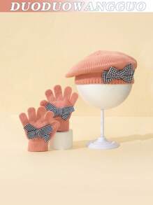 2 pièces / set : 2 pièces béret en tricot blanc pour enfants/tout-petits filles, béret d'artiste mignon, avec gants en acrylique tricoté, mode, élégant, populaire, pied-de-poule, décoration de nœud, , fin pour le début de l'hiver
