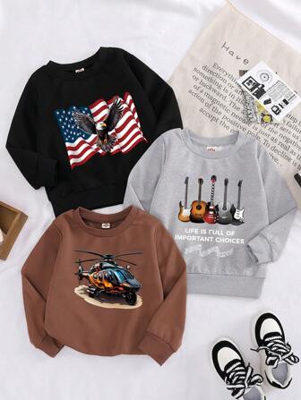 3pcs Young Boy Fashionable Spring And Autumn Sweatshirts With Heat Transfer Printing