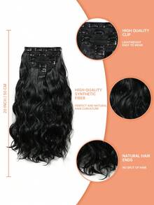 Extensiones de cabello de 20 pulgadas, negro, extensiones de cabello con clip, 6 piezas/set, extensiones de cabello suaves onduladas y rizadas, extensiones de cabello gruesas, extensiones de cabello con clip, postizos de cabello para mujeres, extensiones de cabello completas con clip, fibra sintética, perfectas para fiestas, bodas y glamour diario - Negro - Ver 5