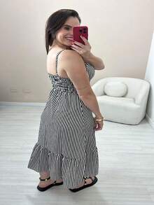 Women's Midi Dress With Ruffle And Front Buttons Crepe Silk Casual Fashion Striped - Black - View 3