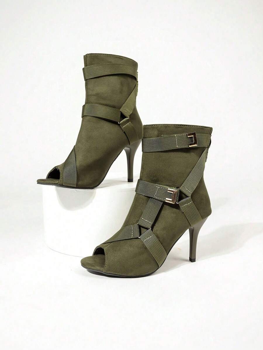 Multiple Straps Decorated Elegant Fashion High Heel Peep Toe Sandal Boots With Rear Zipper